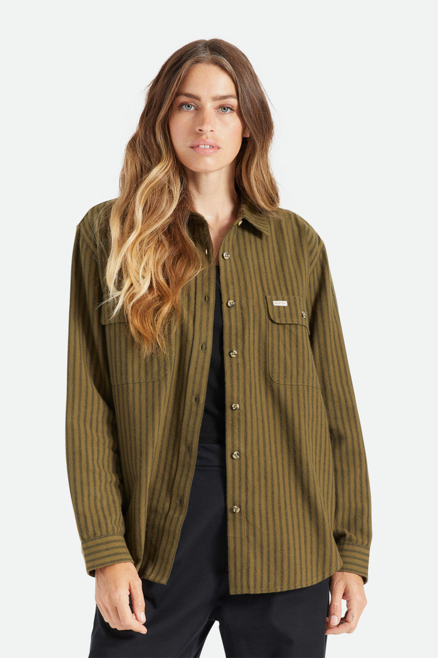 Brixton Bowery Boyfriend L/S Flanell Toppe Dame Olivengrøn | 5734OGCHQ